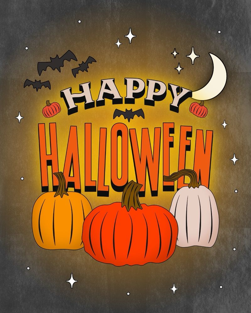 An image of the phrase “Happy Halloween” surrounded by bats, stars and moon, and a trio of pumpkins by Alanna Flowers.