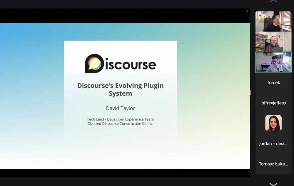 Screenshot of Discourse talk slide introducing the talk about their plugin system