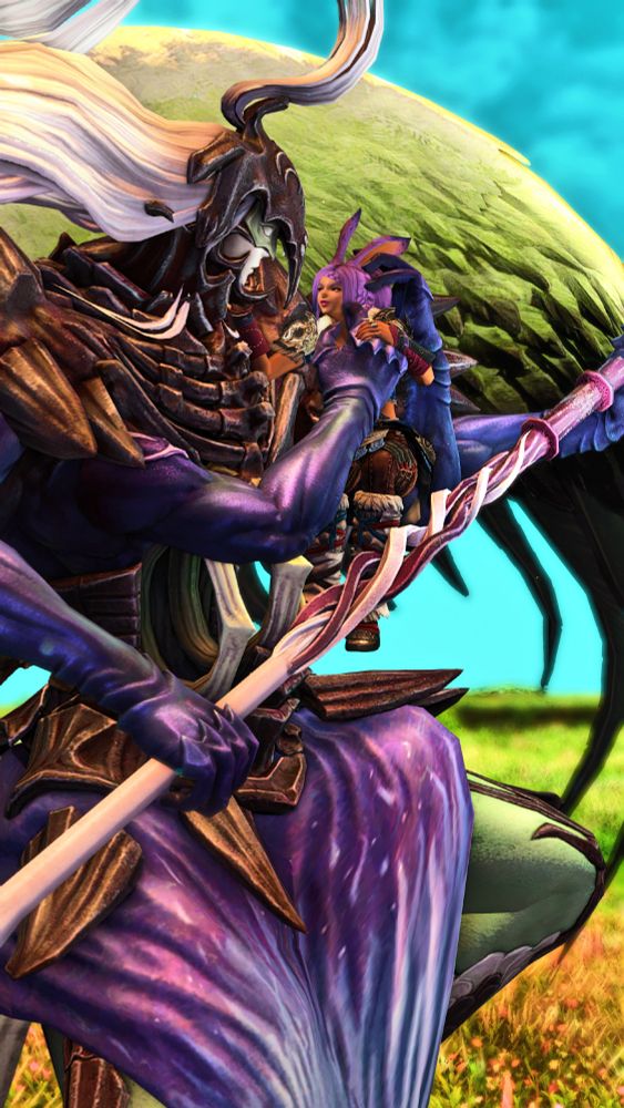 Kit Hareington, a brown Viera woman with purple hair, ears, and eyes, wearing warrior's fur and leather armor rests nestled into two of the four arms of Themis as Ephemeral Justice. She touches his face, and he does the same with a lone finger. He cradles her head with one of his other hands, fingers caressing her long ears. He has one wing curled around them.
