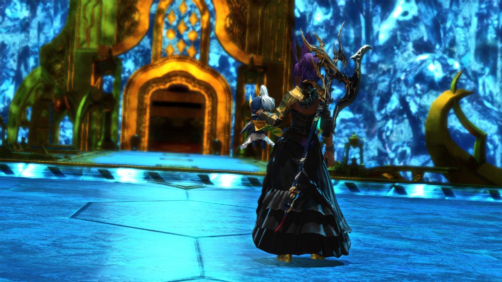 Kit in her Seat of Sacrifice WAR glam, carrying the Warrior of Light minion by the scruff toward the exit.