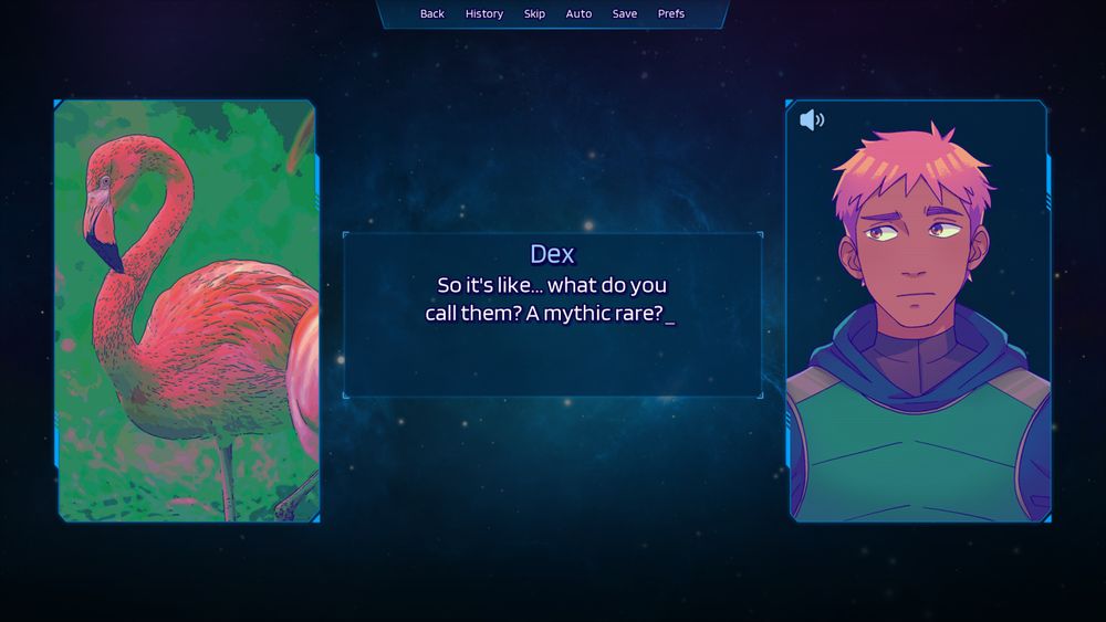 A screenshot from Pirated code. It shows two comms portraits floating against a space background. On the left is a stylized picture of a flamingo. On the right, Dex looks pensive. In the textbox, Dex says: "So it's like... what do you call them? A mythic rare?"