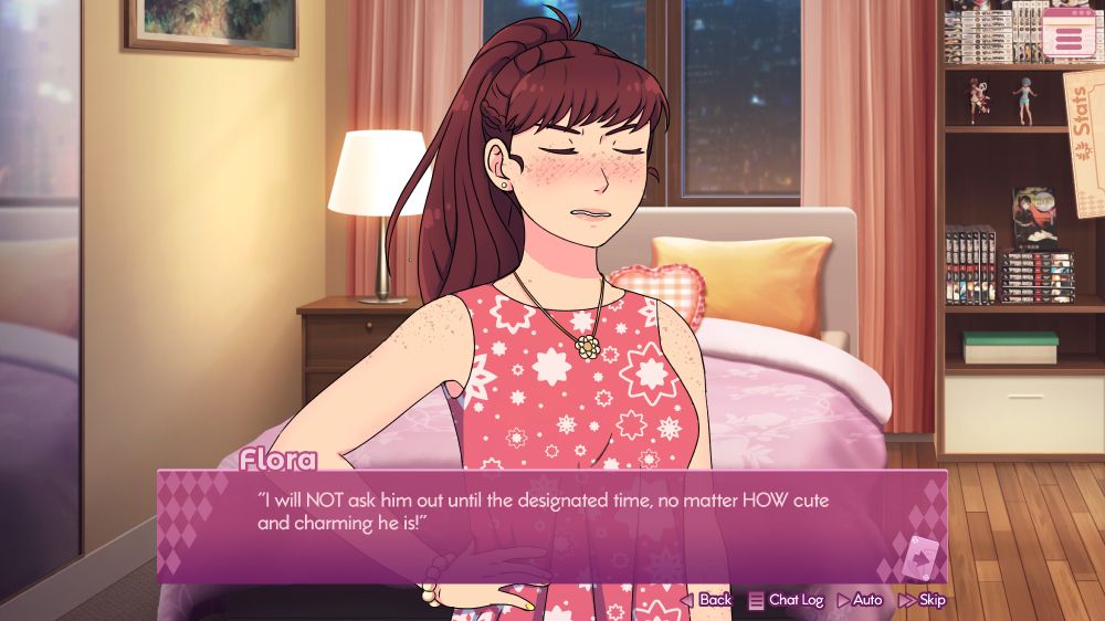 A screenshot from my upcoming game, Fetch Re;Quest. It shows Flora in her bedroom, blushing and saying "I will NOT ask him out until the designated time, no matter HOW cute and charming he is!"