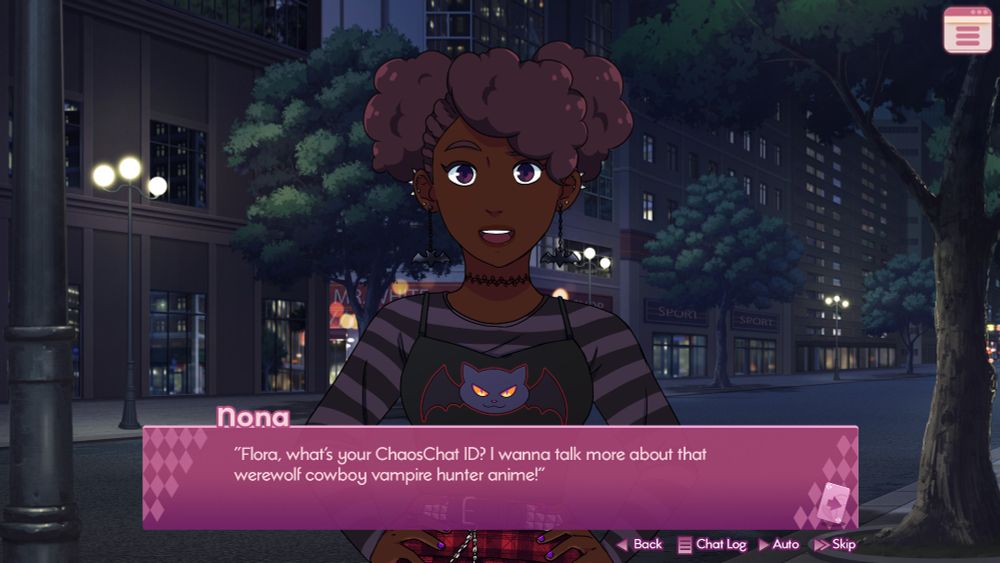 A screenshot from Fetch Re;Quest. Nona (a peppy girl dressed in punk fashion) says: "Flora, what's your ChaosChat ID? I wanna talk more about that werewolf cowboy vampire hunter anime!"