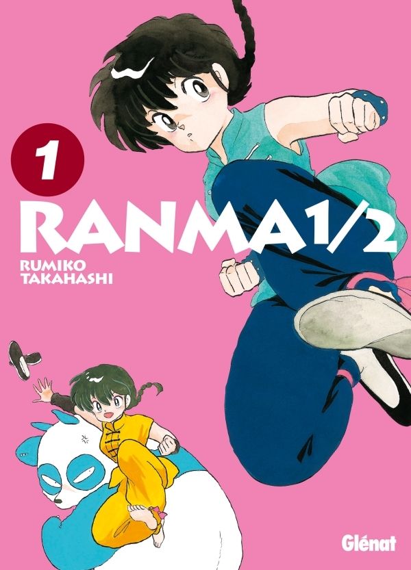 La couverture du tome 1 de Ranma1/2. Un jeune homme, Ranma au premier plan dans une tenue d'art martial verte et bleue avec une pose de combat.
A l'arrière une jeune femme avec les même traits que Ranma dans une tenue et pose similaire, avec derrière elle un panda en colère.