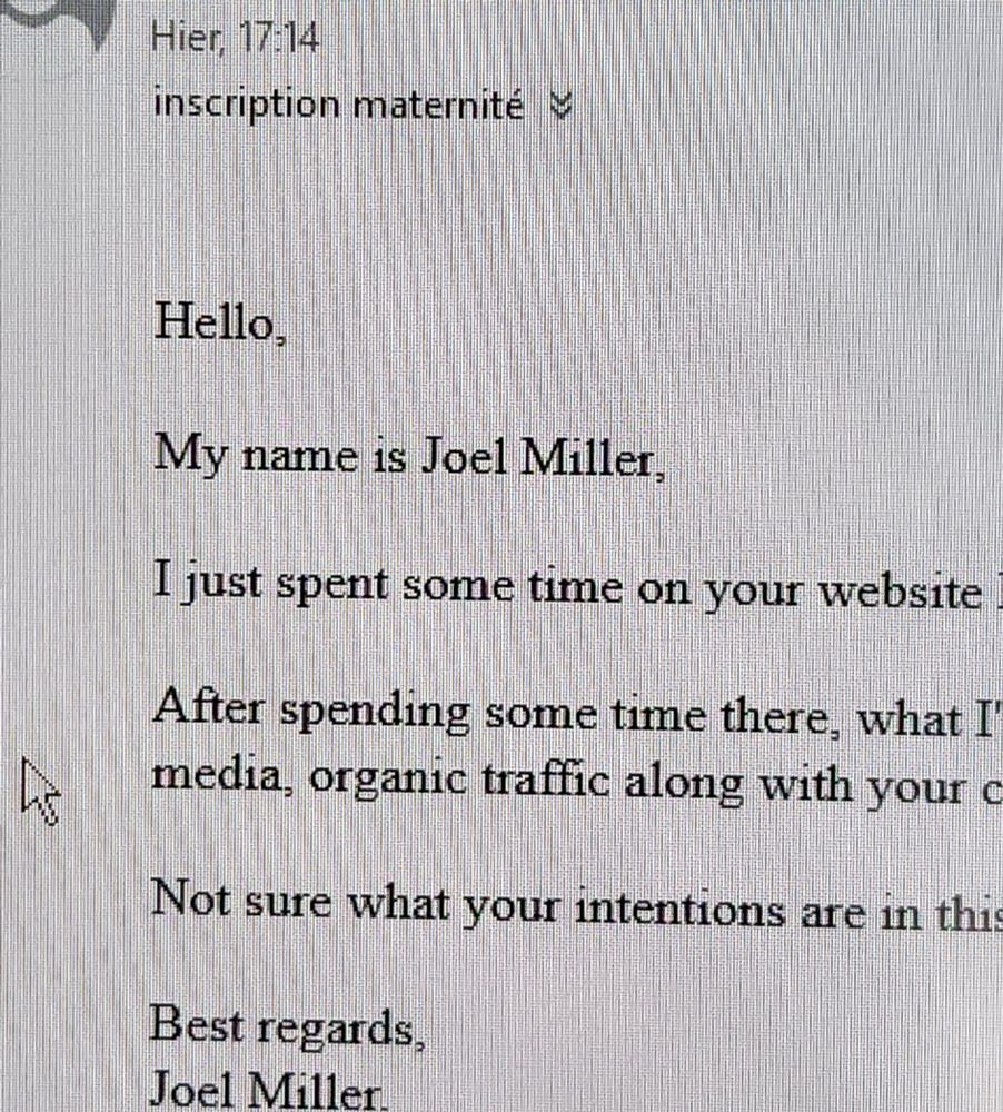 Capture d'écran d'un mail de phishing eçu à mon travail, qui commence par "Hello, my name is Joel Miller,"
