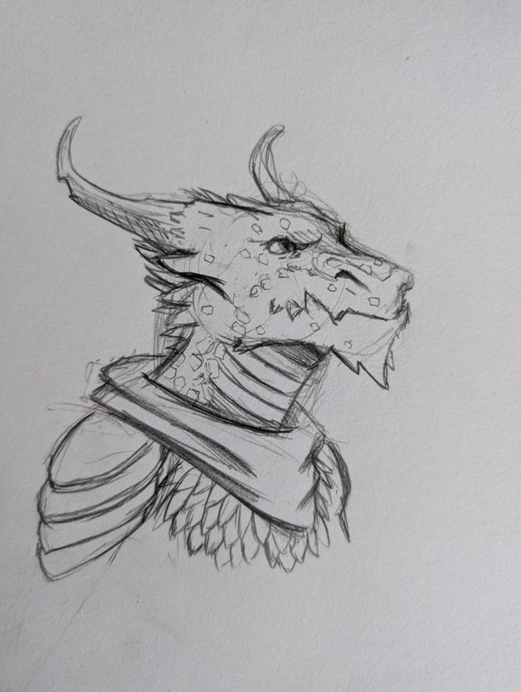 A pencil sketch of a kobold in a scarf and scale mail 