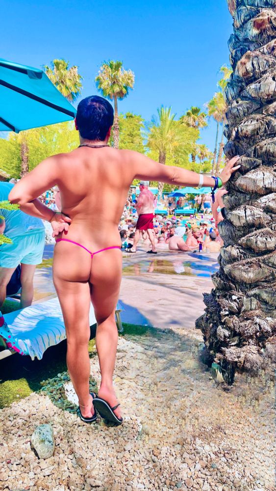 Guy wearing only a pink G-string / thong outside, leaning on a palm tree (back towards the camera) and facing a swimming pool full of bear/chub men