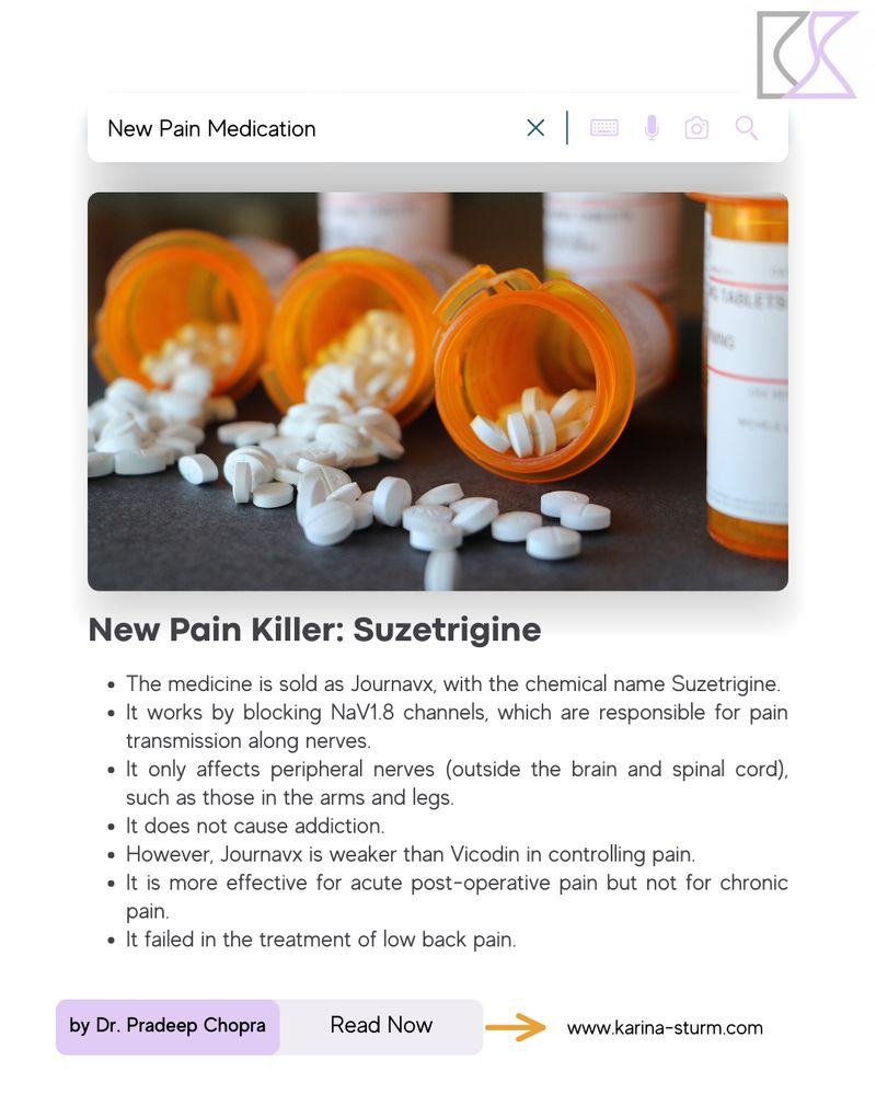 An open prescription pill bottle with white tablets spilling onto a dark surface. Additional pill bottles are blurred in the background. Above, a text box with the title “New Pain Killer: Suzetrigine” provides a summary of the medication Journavx. Below, a button labeled “Read Now” directs to the website www.karina-sturm.com.