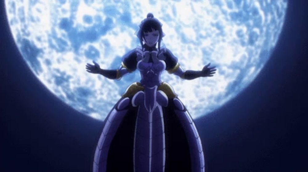 a woman in a purple dress is standing in front of a full moon