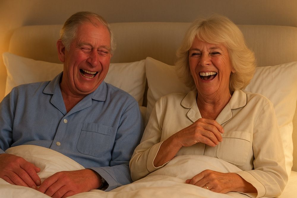 Charles and Camilla are laying in bed and can’t stop laughing at Dumb Trump’s latest performance.😂