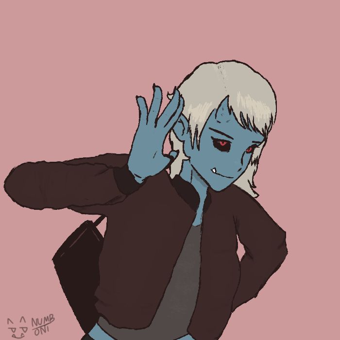 A one-horned blue oni girl waving, she is holding a bag
