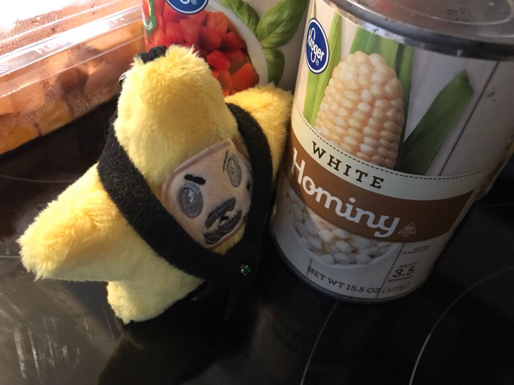 Starzzy looking confused by a can of hominy. 