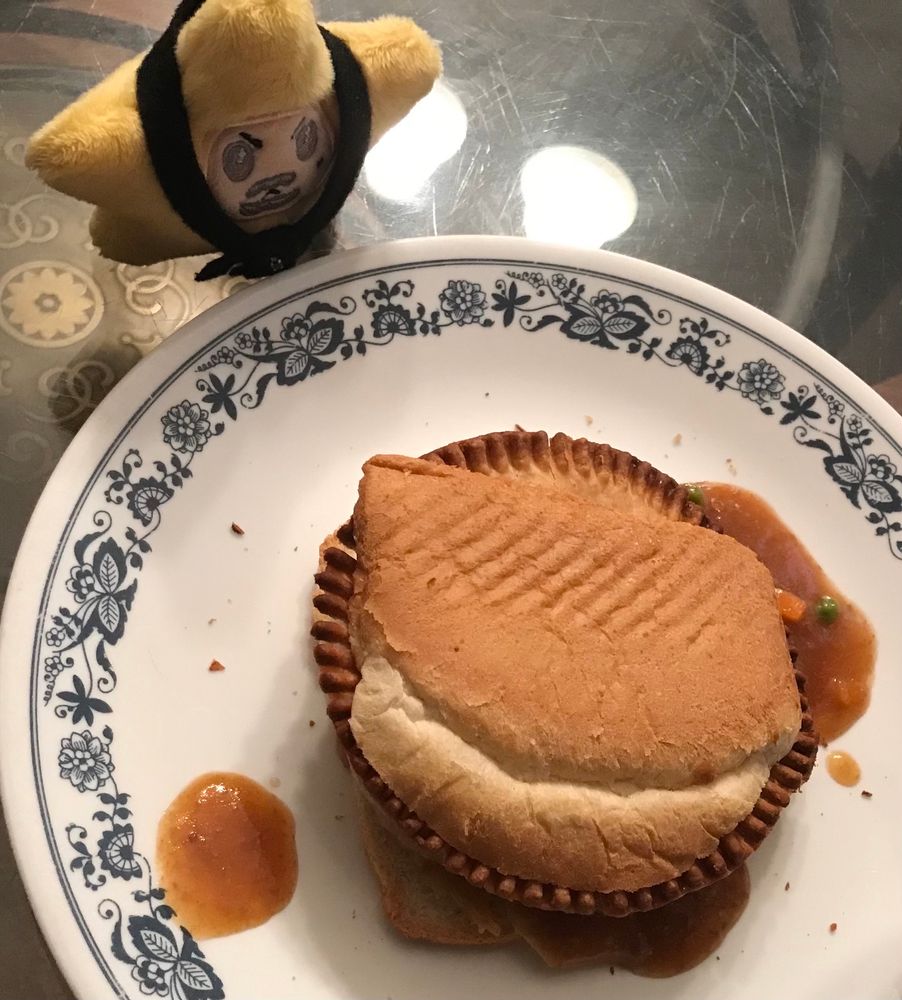 Starzzy is looking at my sad American replica of a Wigan kebab. A beef and vegetable pot pie with gravy is falling apart between two bread ends on a plate. 