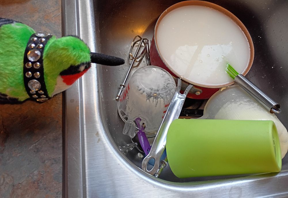 Jimmingbird is looking down into a sink with various dirty dishes and kitchen utensils inside in despair. 