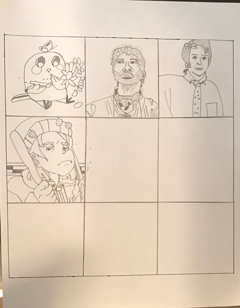 A nine-square chart with four spaces drawn in. 