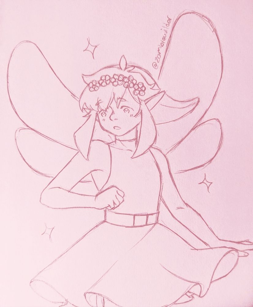 traditional sketch of link from zelda 2: the adventures of link looking surprised by his fairy form (a combination of his sprite & artwork versions) with a pink overlay