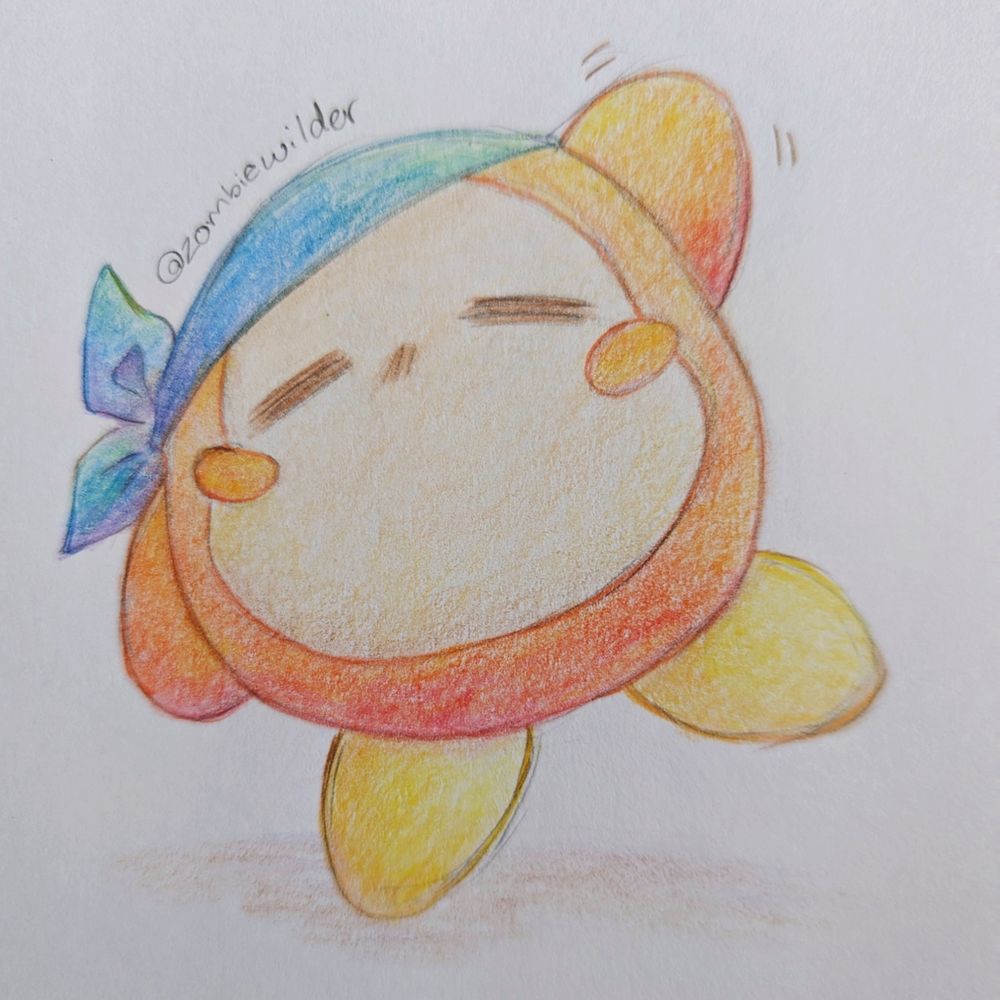 traditional colored pencil drawing of banana waddle dee waving & standing on one foot