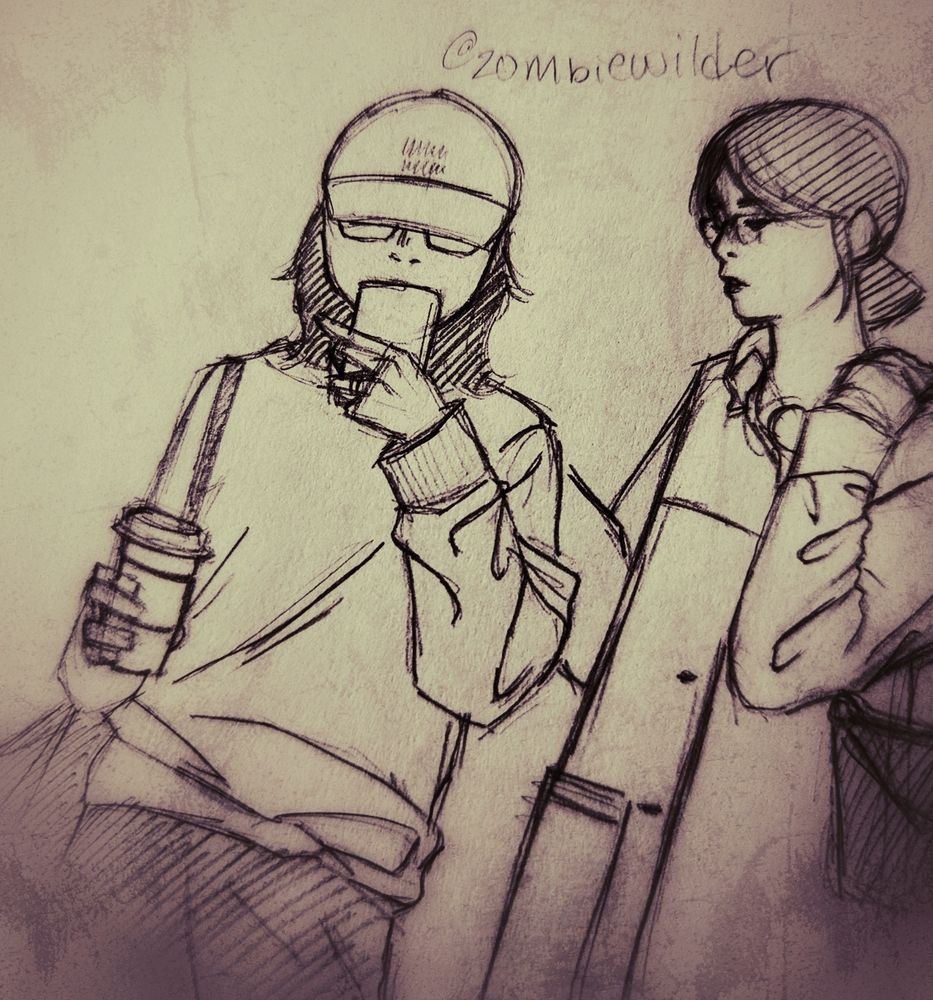 traditional sketches of kato konatsu (the actress who portrays hinako in silent hill f) looking at her phone