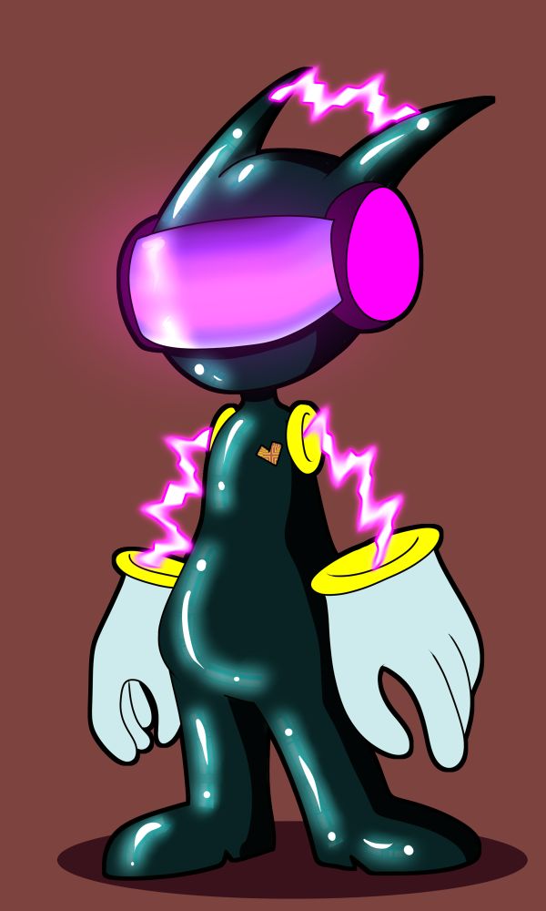 An electric/cyber creature with a visor and live electric streams connecting the hands to the shoulders. Currently has no name
