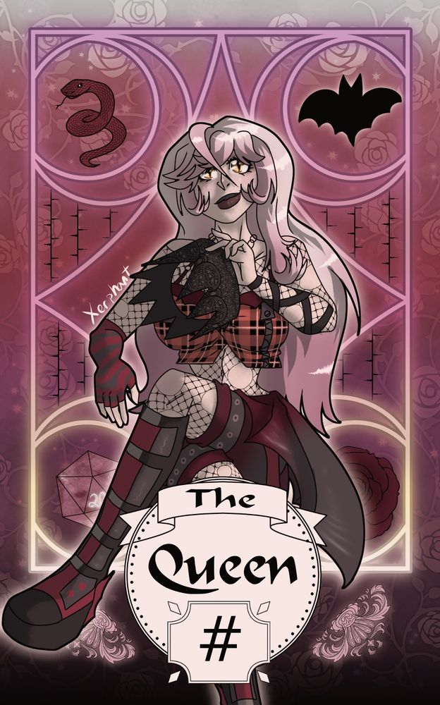 Arcana-V card for Xerphant as "The Queen". She is sitting with their legs crossed, holding their crown. Upon their face is a knowing grin
