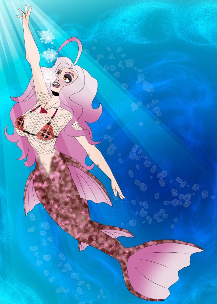 Vtuber Xerphant as a mermaid reaching upward toward a light