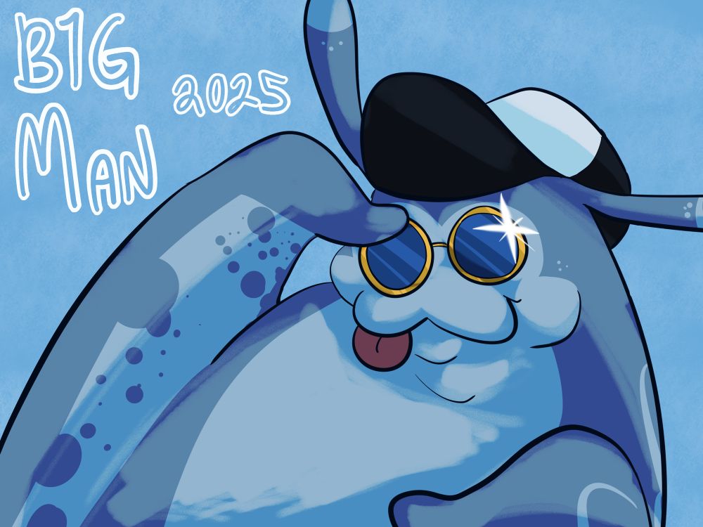 a colored and messily shaded drawing of big man in his ‘Ian BGM’ outfit. he has his tongue out, his right fin on his sunglasses and his left fin pointing at his chest. he has a big smile. there is a sparkle coming from the sunglasses. in the top left corner is written “b1g Man 2025”
