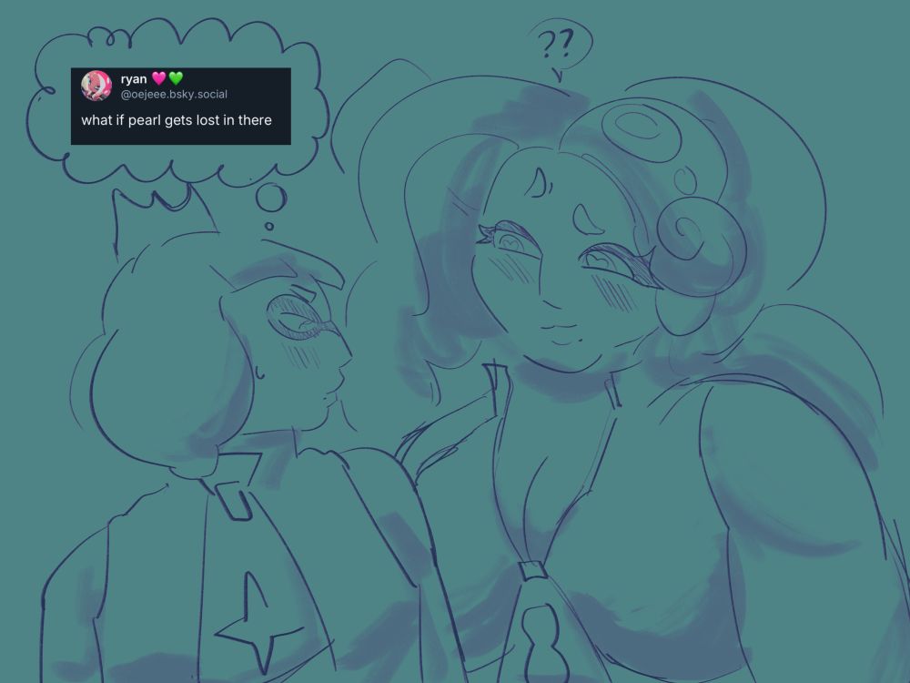 a messy sketch of pearl looking at marina’s boobs with a thought bubble that contains the quoted post. marina looks at her with a lightheartedly confused expression 