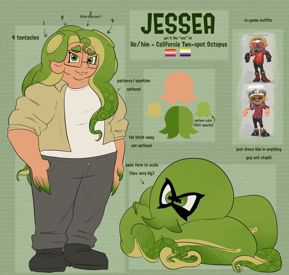a reference sheet for my splatsona, a fat green octoling with big square glasses. his name is jessea (pronounced “jesse” still)