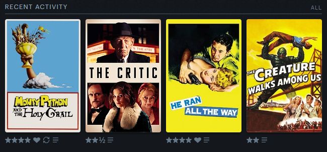 Thumbnails of poster art for four films with star ratings of 1-5: Monty Python and the Holy Grail (4 stars), The Critic (2.5), He Ran All the Way (4), The Creature Walks Among Us (2).