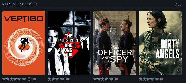 Thumbnails of poster art for four films with star ratings of 1-5: Vertigo (5 stars), The Murderers Are Among Us (3), An Officer and a Spy (4), Dirty Angels (4).