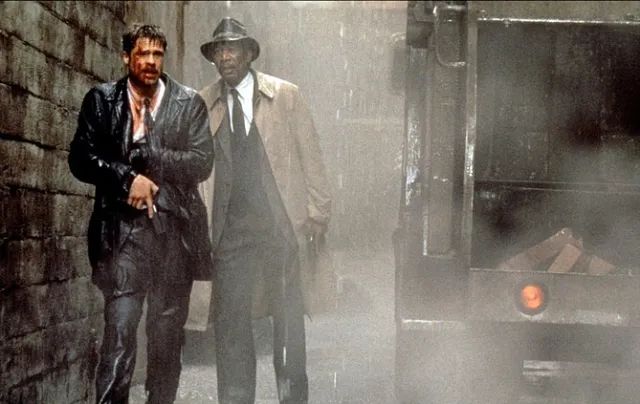 Brad Pitt and Morgan Freeman get wet in Seven.