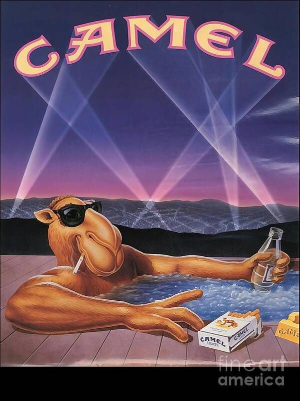 joe camel sitting in a hot tub drinking booze and smoking with a pack of camel cigarettes, the background has mountains and spotlights lighting up the camel cigarettes logo