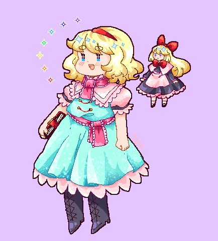 Alice Margatroid and Shanghai Touhou Project pixel art with rainbow sparkles but this time with a light purple background