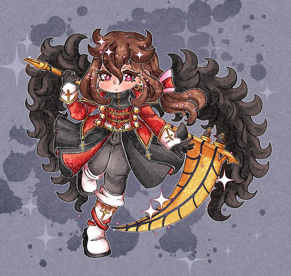 Light skinted black-winged angel with long brown hair pink eyes and clad in black, red, white, and gold, wielding a gold scythe. His name is Kane, he's my sweetest, saddest boy.