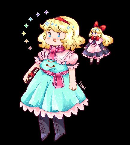 Alice Margatroid and Shanghai Touhou Project pixel art with rainbow sparkles, it's still poorly done but it's better I guess!