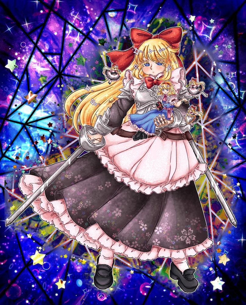 Alice Touhou Project being carried by her big armored Goliath doll and surrounded by 3 other of her tiny Shanghai dolls