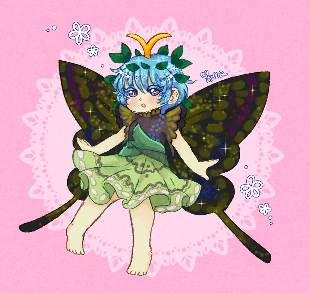 Eternity Larva Touhou Project chibi she's on a pink lace background