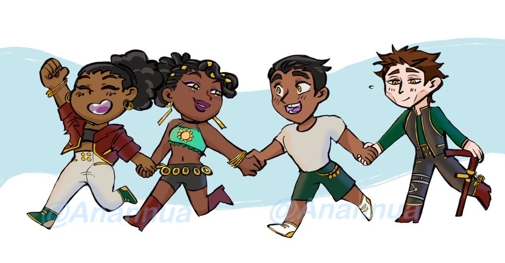 Sky, Mel, Jayce, and Viktor all holding hands 