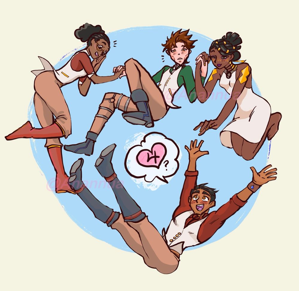 Mel, Sky, and Vik in the air above Jayce 