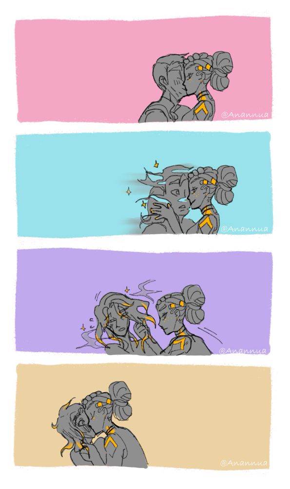 A comic in 4 panels. Top panel Mel and Jayce kiss. In 2nd Mel pushes Jayce back and he fades into smoke. In 3rd it’s revealed Viktor was using Jayce’s face to kiss Mel, she grabs him by the hair when he tries to flee. 4th page she kisses Viktor fiercely. 