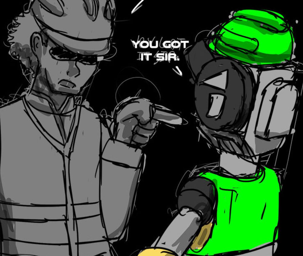 The dream art for a current memory. Uno is saying "You got it sir" as a human tells him something. Uno is wearing Green