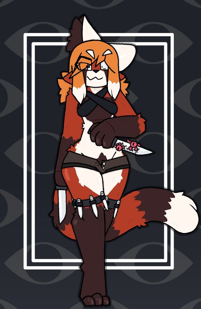 Same description as the previous without the cloak.

This image reveals that she was holding another blade and shows off her clothes she's wearing underneath the cloak more.