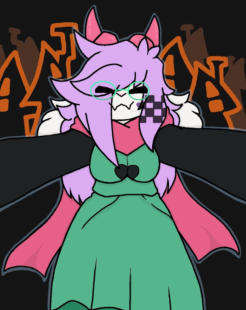 My fursona (who's a female goat for this drawing) cosplaying ralsei from the game deltarune.
She's hugging the viewer with a minimalistic castle town serving as the background.