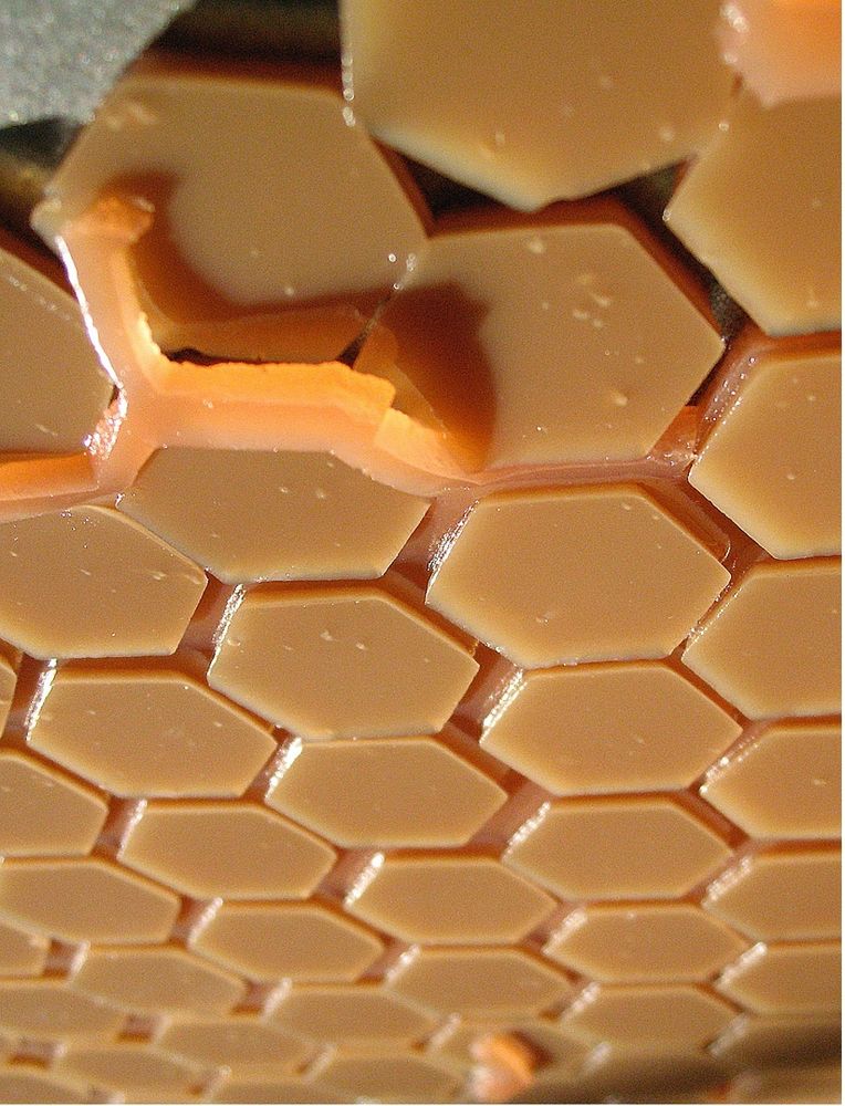 a hexagonal matrix of brown gels.