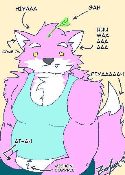 A pink furry fox with various text pointing at different parts of his body. The texts displayed are onomatopoeia of Fox McCloud from Smash Brothers including "HIYAAA", "GAH", "COME ON", "UWAAAAAA", "FIYAAAAAH", "AT-AH", and "MISHON COMPREE".
