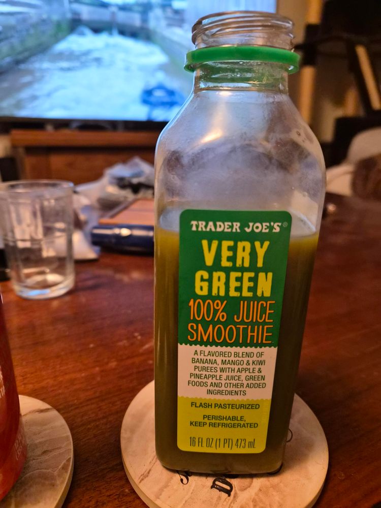 A pint bottle of Trader Joe's Very Green 100% Juice Smoothie.