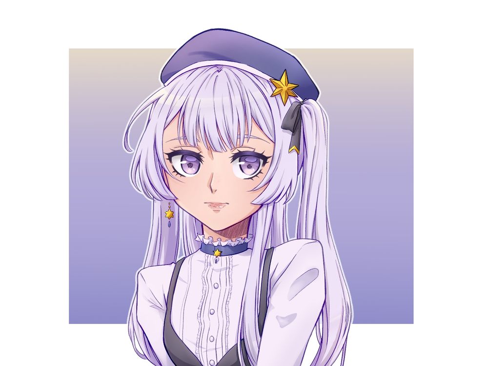Drawing of an Anime-esc looking young girl with lilac greyish hair. She wears a blue Barret with a star pin on it and a white blouse with a bless dress/top over it.