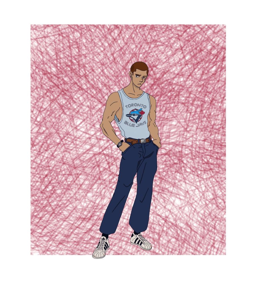 A young man with shaved auburn hair and brown eyes stands with his hands shoved in the pockets of his old navy jeans. He wears a pair of old beat up adidas runners and blue jays tank top. The right side of his face is riddled with scar tissue, to the point that he has a hard time seeing from the eye on that side. Both of his ears are also scarred and poufy from repeatedly being punched in the head.