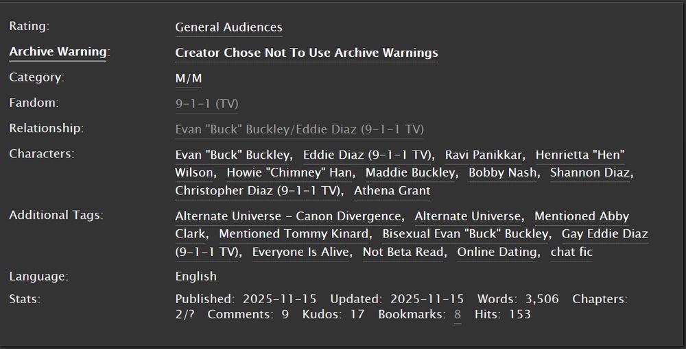 the warning, character, and tags for the fic