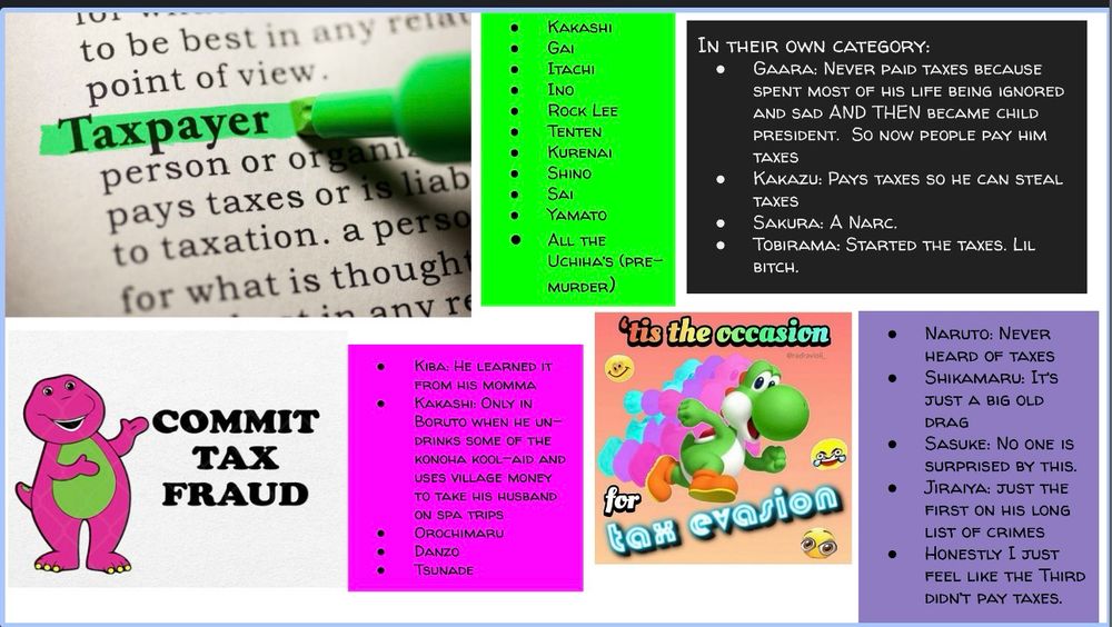 U1
to be best in any rel point of view.
Taxpayer
person or organi pays taxes or is liab to taxation. a perso for what is though
in anyt
•
•
KAKASHI
GAI
ITACHI
INO
ROCK LEE
TENTEN KURENAI
SHINO SAI
YAMATO
ALL THE UCHIA'S (PRE-
MURDER
IN THEIR OWN CATEGORY:
• GAARA: NEVER PAID TAXES BECAUSE SPENT MOST OF HIS LIFE BEING IGNORED AND SAD AND THEN BECAME CHILD PRESIDENT. SO NOW PEOPLE PAY HIM TAXES
• KAKAzu: PAYS TAXES SO HE CAN STEAL
TAXES
•
•
SAKURA: A NARC.
TOBIRAMA: STARTED THE TAXES. LIL BITCH.
tis the cecasion
•
•
COMMIT
TAX
FRAUD
KIBA: HE LEARNED IT FROM HIS MOMMA KAKASHI: ONLY IN BORUTO WHEN HE UN-DRINKS SOME OF THE KONOHA KOOL-AID AND USES VILLAGE MONEY TO TAKE HIS HUSBAND
ON SPA TRIPS
OROCHIMARU
DANZO ISUNADE
for
evasion
•
NARUTO: NEVER HEARD OF TAXES SHIKAMARU: IT's
JUST A BIG OLD
DRAG
SASUKE: NO ONE IS SURPRISED BY THIS.
JIRAIYA: JUST THE FIRST ON HIS LONG
LIST OF CRIMES
HONESTLY I JUST
FEEL LIKE THE THIRD
DIDN'T PAY TAXES.